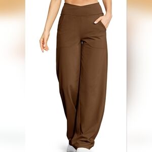 G4Free Brown High Waisted Wide Leg Yoga Pants Crossover Waistband Medium